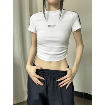 shemoda字母印花圓領短袖T恤女夏季設計感褶皺高腰顯瘦辣妹短上衣