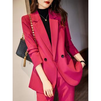 玫紅色西裝外套女秋季高級感氣質女神范職業裝工作服西服套裝春秋