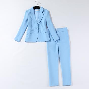 職業2件套修身淺藍色九分褲西裝
