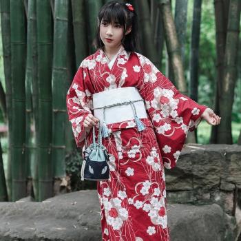 紅色日本正裝櫻花純棉和服