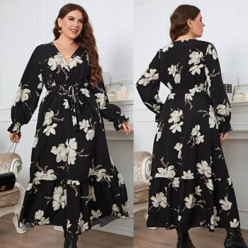 2022 Autumn Fat Women Long Sleeves Floral Printed Dresses