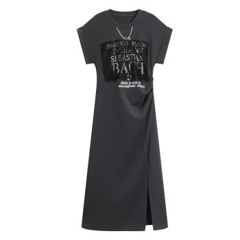 ANNX2023美式復古氣質印花連衣裙女夏高級感別致項鏈顯瘦開叉長裙