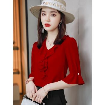 紅色雪紡襯衫女夏薄款設計感小眾時尚洋氣夏季荷葉邊半袖襯衣上衣