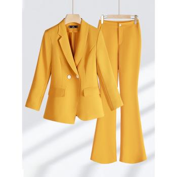 黃色西裝套裝女秋季高級感美容院高端主持人職業裝氣質工作服春秋