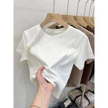 歐貨白色短袖t恤女夏季2023年新款設計感魚骨修身高腰短款上衣女