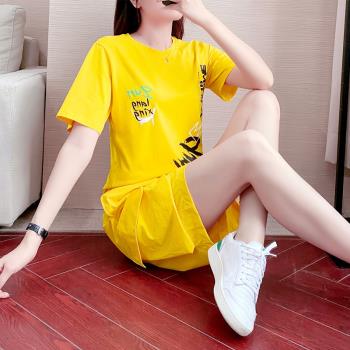 韓版潮洋氣黃色兩件套短袖短褲