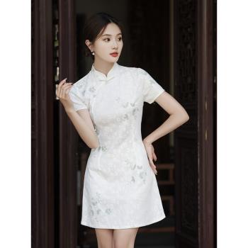 白色旗袍短款改良年輕款少女氣質蕾絲連衣裙素雅小清新日常女夏季