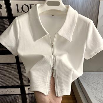 設計感雙拉鏈polo領正肩短袖T恤女夏季修身洋氣小個子短款上衣潮