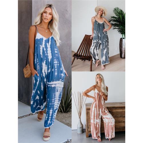 亞馬遜ebaywish歐美女裝新款夏吊帶印花寬松闊腿連體衣長褲子
