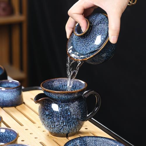 窯變藍盞茶壺鈞窯單壺陶瓷三才蓋碗中式泡茶器復古茶杯茶具單品|茶壺