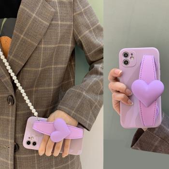 氣質溫柔紫~愛心腕帶iPhone13promax手機殼適用11/12斜挎Xs鏈條8P