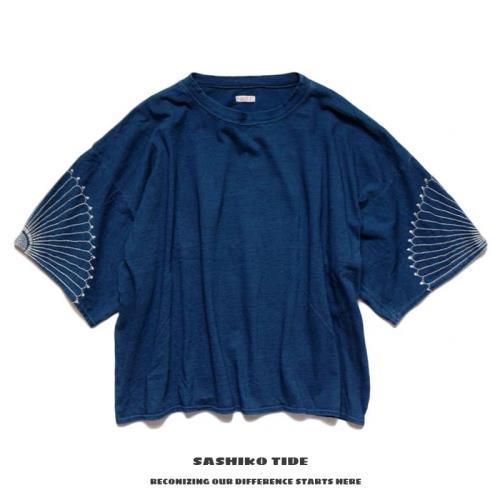 KAPITAL 平田和宏デザイン 天竺コットン 花柄刺繍 Tシャツ ブルー 20SS KAPITAL 平田和宏天竺棉刺繡花紋男女同款五分袖T恤短袖|T恤