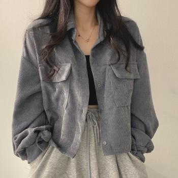 韓國chic秋季法式復古百搭單排扣翻領短款燈芯絨襯衫長袖外套女潮