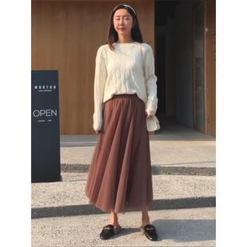 百褶裙網紗半身裙女中長款高腰仙女裙大擺長裙舞蹈裙百搭a字中長
