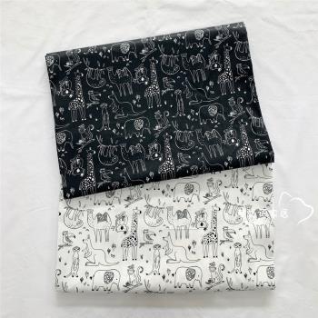 黑白線條動物長頸鹿卡通 全棉斜紋布料純棉床品手工面料裝飾布