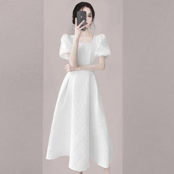 時尚高級感2023年新款夏季女裝法式設計方領收腰顯瘦泡泡袖連衣裙