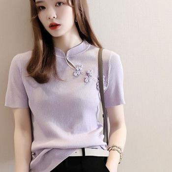 2025年高檔女裝時尚新款夏季高階感設計小眾旗袍領盤扣針織衫T恤