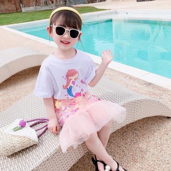 女童韓版魚尾裙套裝2022新款美人魚亮片半身裙兒童短袖T恤公主裙