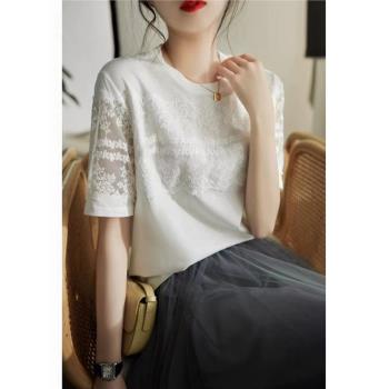 歐貨高檔2023新款設計感小眾時尚氣質夏季蕾絲拼接圓領短袖T恤女