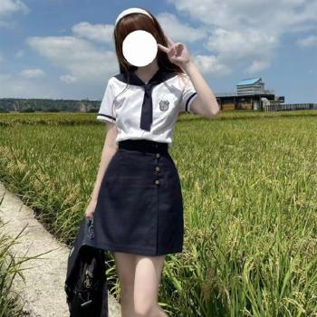 JK韓式制服包臀格裙收腰顯瘦夏季短袖女上衣學院風甜辣套裝梗の豆