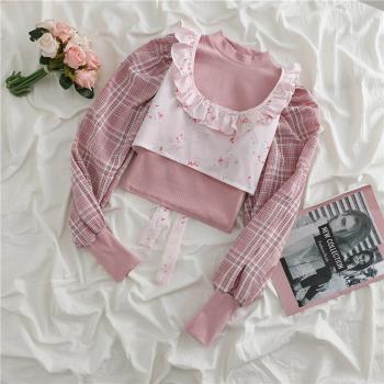 粉色短款春季法式小眾長袖襯衫