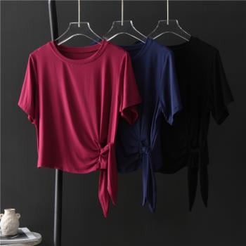 打結高品質莫代爾短袖T恤女夏2022新款柔軟垂墜感修身小圓領上衣