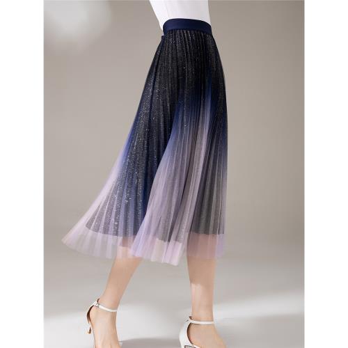 花清苓漸變半身裙女2025年秋季新款修身優雅氣質百褶紗網a字中長