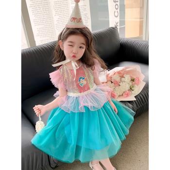 女小童夏裝美人魚公主裙2023新款蓬蓬網紗禮服裙卡通超仙氣連衣裙