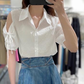 露肩夏季格子設計韓版寬松襯衫