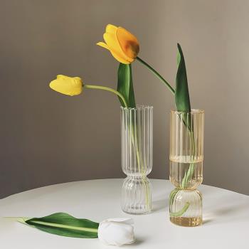 Homeside豎條紋玻璃花瓶北歐ins法式簡約透明水培花器裝飾擺件