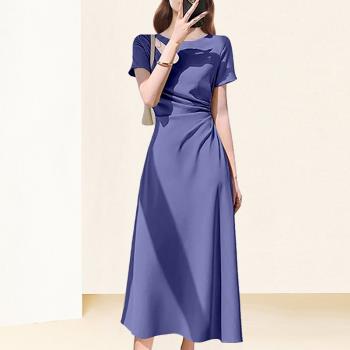 歐美名媛高級氣質茶歇法式連衣裙2023女新款修身短袖中長裙夏季甜