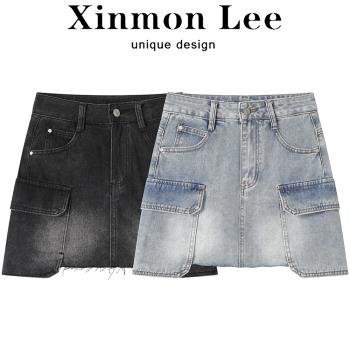 XinmonLee不規則工裝牛仔a字半身裙女夏季設計感辣妹顯瘦包臀短裙
