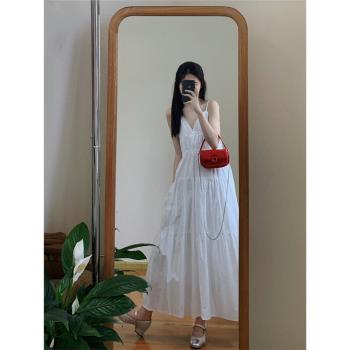 大碼胖mm吊帶裙女夏季設計感法式度假風白色長裙子遮肉顯瘦連衣裙