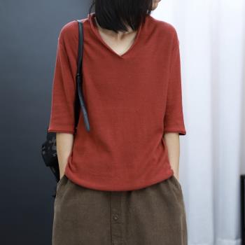 2023秋季新款韓版女裝寬松顯瘦中袖V領套頭針織衫五分袖打底毛衣