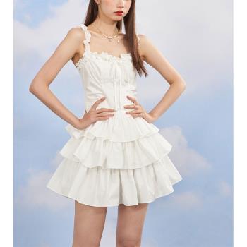 法式吊帶連衣裙女夏季荷葉邊甜美收腰氣質高級感小個子白色蛋糕裙