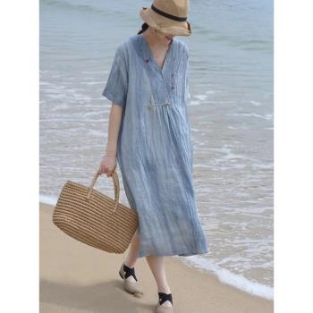 短袖海邊度假連衣裙2023新款女夏季文藝復古褶皺減齡亞麻氣質長裙