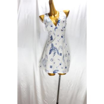 飛成家女裝時尚修身性感顯瘦法式v領白色藍花露背亞麻連衣裙135期