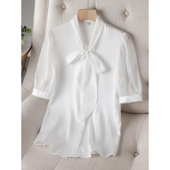 白色雪紡襯衫女設計感小眾夏季薄款洋氣時尚蝴蝶結職業短袖白襯衣