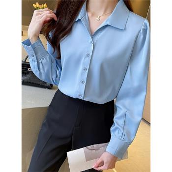 小個子緞面藍色襯衫女設計感小眾長袖通勤襯衣職業法式上衣高級感