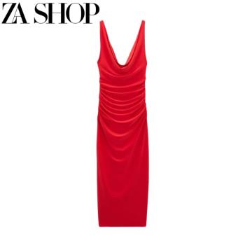 ZA夏新款女裝無袖寬肩帶修身背心長裙褶皺裝飾迷笛連衣裙 1165248