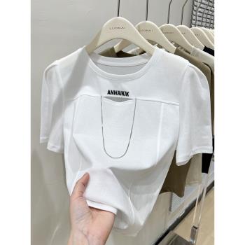 白色魚骨設計感鏤空泡泡袖上衣女夏季2023新款正肩寬松t恤女短袖