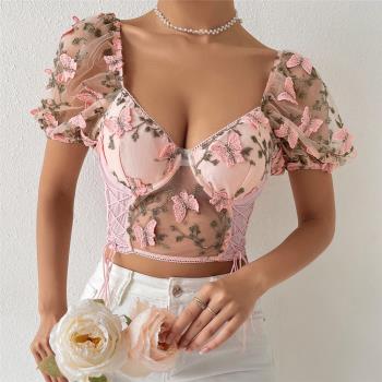 3D Butterfly Embroidery Crop Tops Women Summer Mesh露背背心