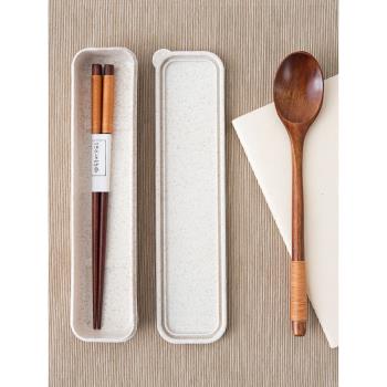 居家家木質勺子筷子三件套家用上班便攜長柄小湯勺餐具收納盒套裝