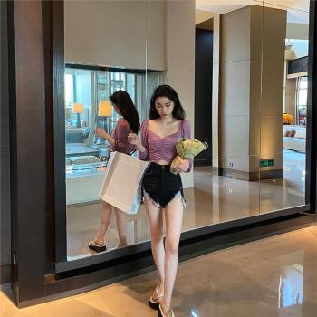 ACHI高腰修身破洞性感辣妹牛仔褲
