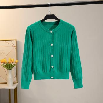 綠色圓領修身溫柔風毛衣針織開衫