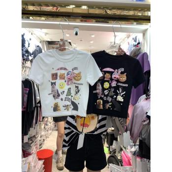 韓國東大門2023夏裝新款趣味卡通印花短袖t恤女圓領百搭短款上衣