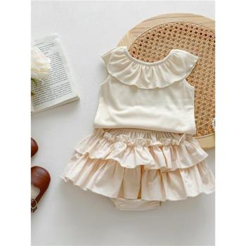 新生兒無袖分體套裝夏季薄款女寶寶韓系公主娃娃衫大PP裙子兩件套
