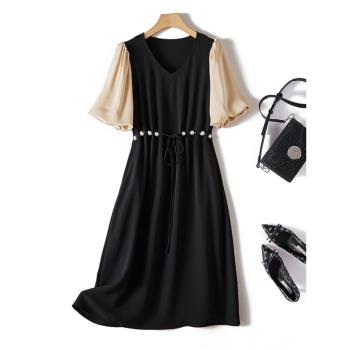 輕奢氣質小黑裙 大珍珠抽繩收腰顯瘦連衣裙 歐美潮牌新款拼色裙子