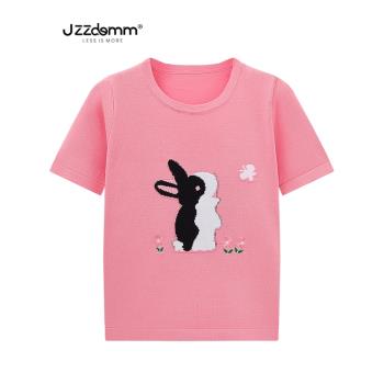 九州誠品/JZZDEMM小花兔子提花針織短袖女夏季新款粉色甜美上衣潮