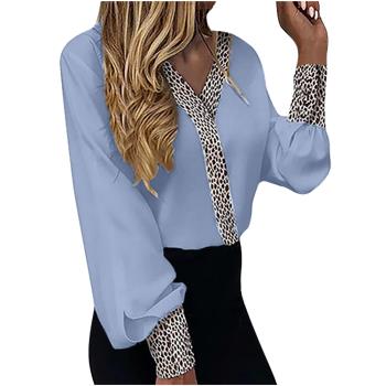 Womens ins v-neck leopard print thin casual long sleeve top